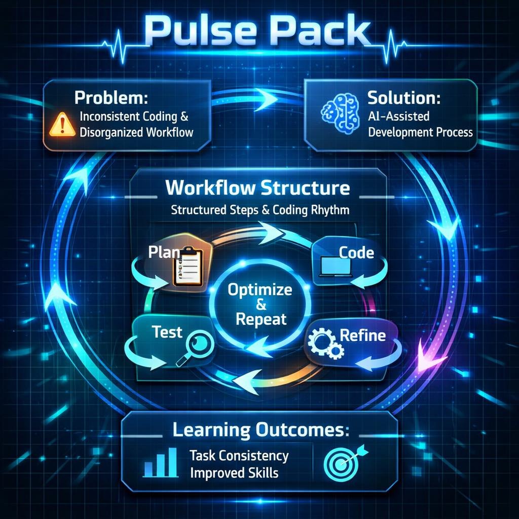 A digital infographic titled 'Pulse Pack' with a dark blue tech-style background and glowing blue circular arrows. It shows a workflow diagram with labeled boxes: 'Problem' for inconsistent coding and disorganized workflow, 'Solution' for AI-assisted development process, 'Workflow Structure' with steps Plan, Code, Test, and Refine, and 'Learning Outcomes' for task consistency and improved skills.