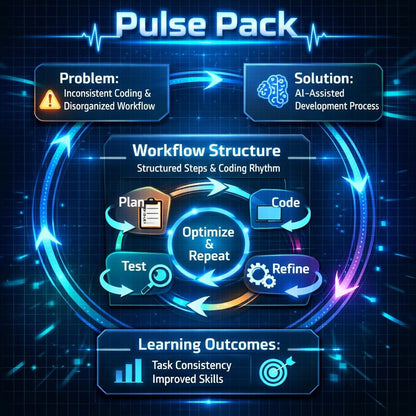 A digital infographic titled 'Pulse Pack' with a dark blue tech-style background and glowing blue circular arrows. It shows a workflow diagram with labeled boxes: 'Problem' for inconsistent coding and disorganized workflow, 'Solution' for AI-assisted development process, 'Workflow Structure' with steps Plan, Code, Test, and Refine, and 'Learning Outcomes' for task consistency and improved skills.