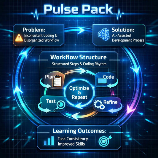 A digital infographic titled 'Pulse Pack' with a dark blue tech-style background and glowing blue circular arrows. It shows a workflow diagram with labeled boxes: 'Problem' for inconsistent coding and disorganized workflow, 'Solution' for AI-assisted development process, 'Workflow Structure' with steps Plan, Code, Test, and Refine, and 'Learning Outcomes' for task consistency and improved skills.