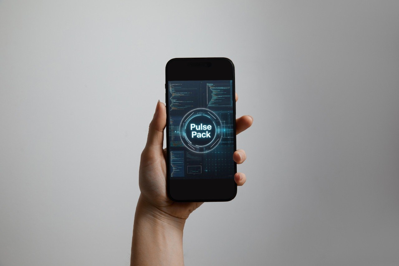A hand holding a black smartphone against a plain light gray background. The phone screen displays a blue and black futuristic interface with the words 'Flow Course' in the center.