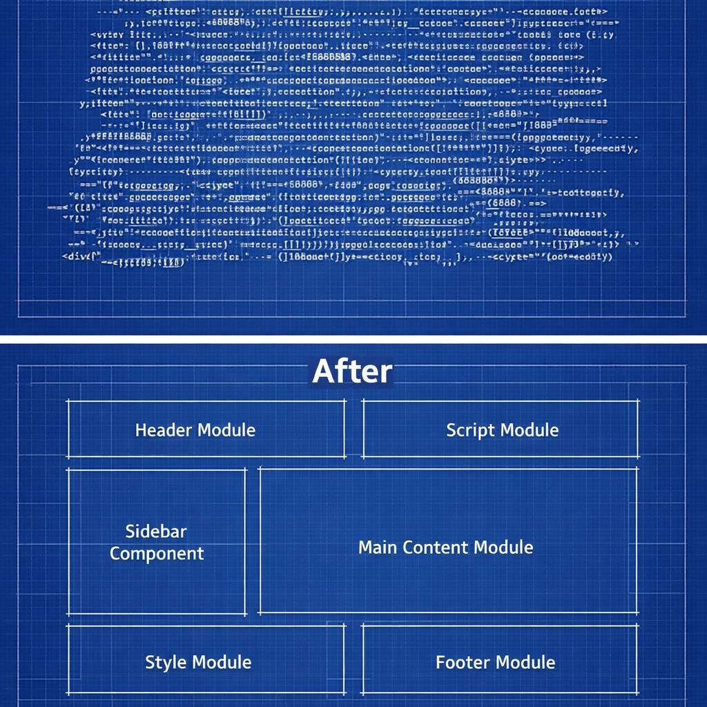 A blue blueprint-style diagram with code-like text at the top and labeled module blocks below, including Header Module, Script Module, Sidebar Component, Main Content Module, Style Module, and Footer Module.