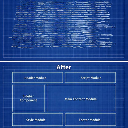 A blue blueprint-style diagram with code-like text at the top and labeled module blocks below, including Header Module, Script Module, Sidebar Component, Main Content Module, Style Module, and Footer Module.