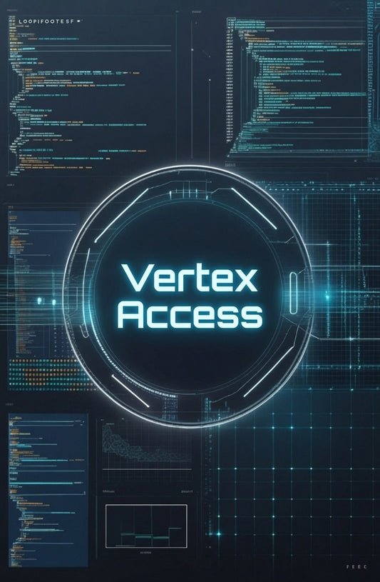 A digital graphic with the words 'Vertex Access' in glowing cyan text inside a futuristic circular interface, set against a dark tech-style background with code panels and blue grid lines.