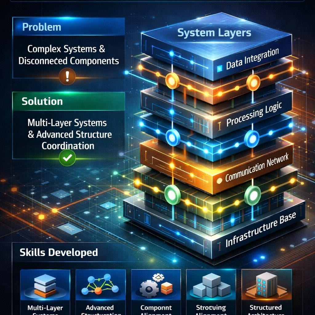 A digital infographic diagram illustrating a software architecture approach, featuring a multi-layered stack labeled 'System Layers' (Data Integration, Processing Logic, Communication Network, Infrastructure Base) and a left panel labeled 'Problem' and 'Solution'. Below the main graphic is a section titled 'Skills Developed' with five small technology icons.