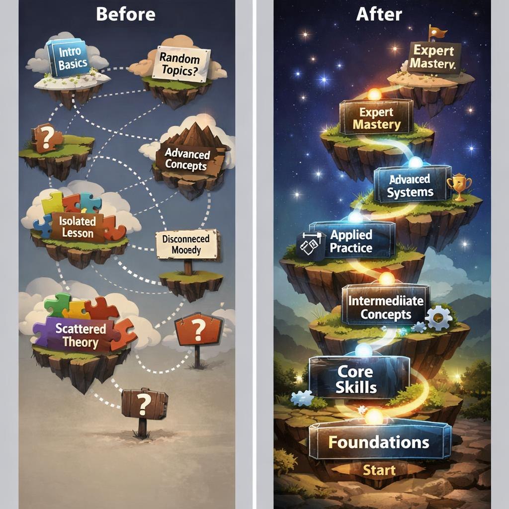 A side-by-side comparison graphic labeled 'Before' and 'After' showing a floating island style learning path. The left side has generic course tiles like 'Intro Basics,' 'Advanced Concepts,' and 'Scattered Theory' on a pale gray background.