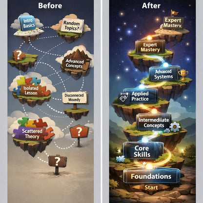 A side-by-side comparison graphic labeled 'Before' and 'After' showing a floating island style learning path. The left side has generic course tiles like 'Intro Basics,' 'Advanced Concepts,' and 'Scattered Theory' on a pale gray background.
